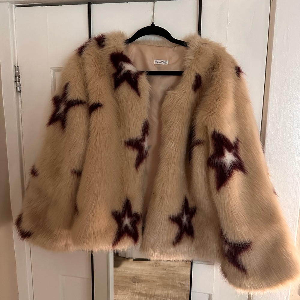 Beige and Burgundy Star Faux Fur Jacket
